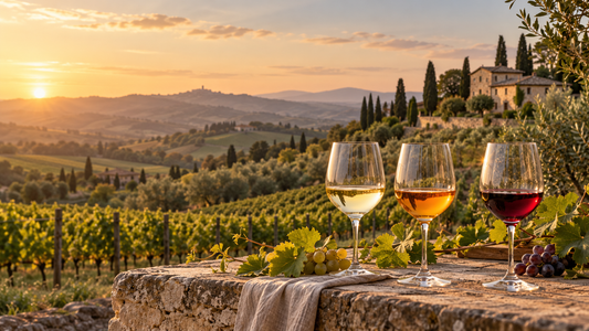 Tre calici di vino in un vigneto toscano al tramonto